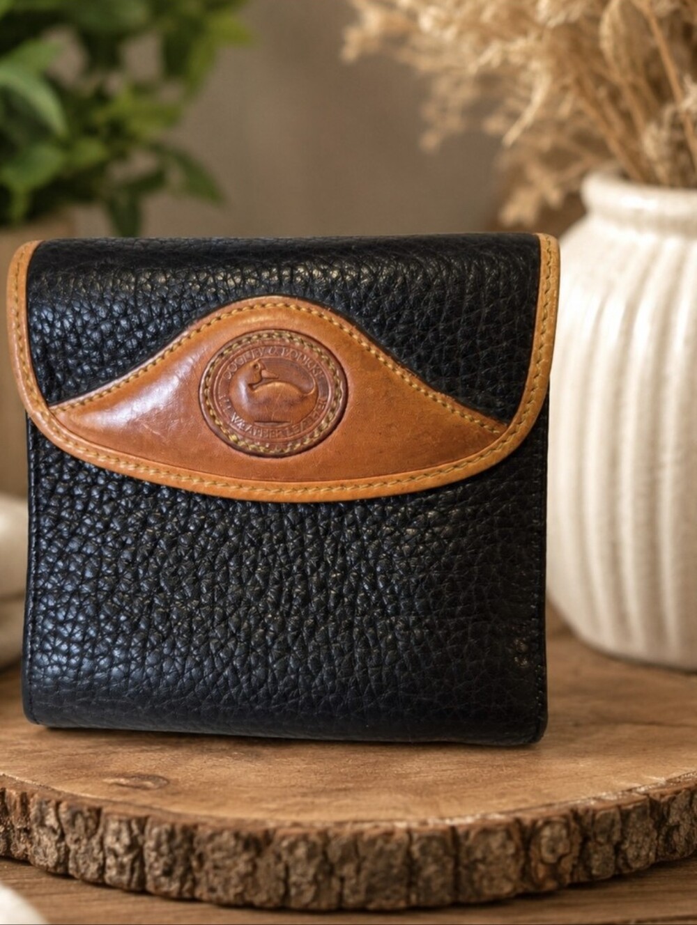 Vintage Dooney & Bourke French Wallet Black AWL Tan Trim Pebbled Leather